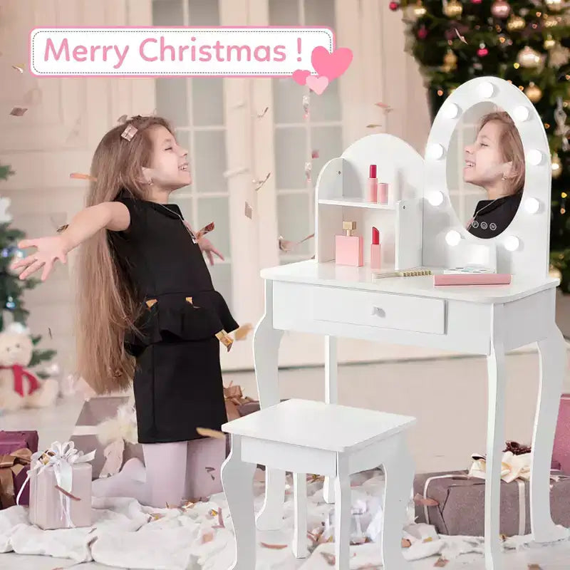 Coiffeuse pour enfants, ensemble de maquillage pour filles avec lumière et miroir, table de maquillage et tabouret pour enfants, coiffeuse en bois avec jeu pour 4-9 ans