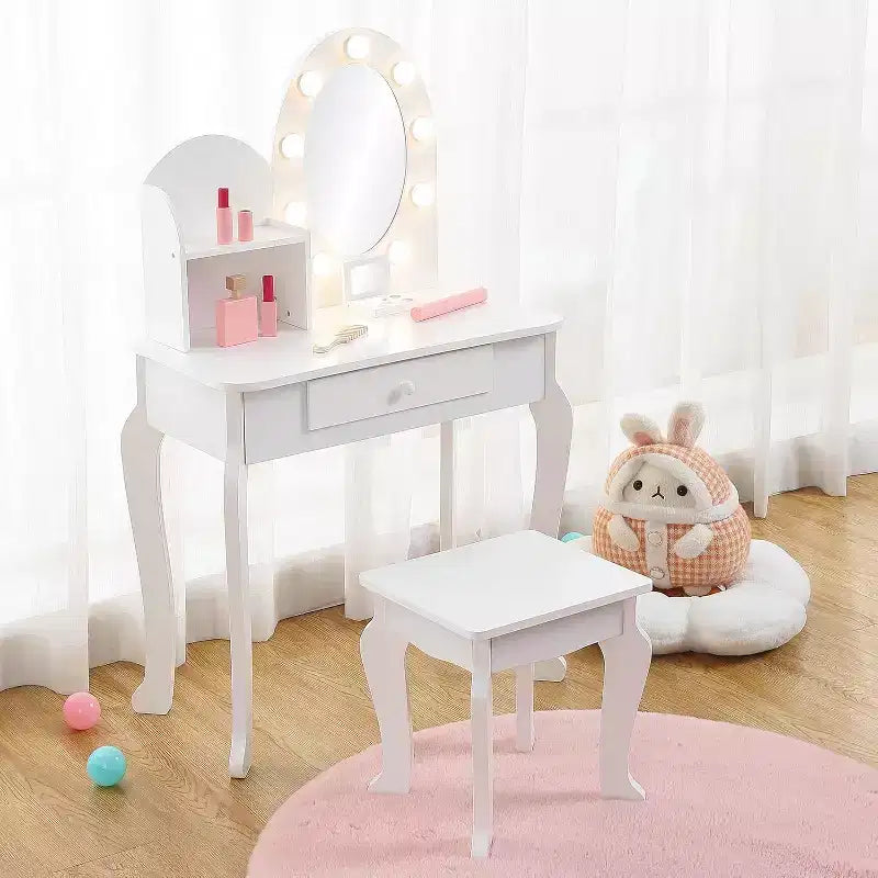 Coiffeuse pour enfants, ensemble de maquillage pour filles avec lumière et miroir, table de maquillage et tabouret pour enfants, coiffeuse en bois avec jeu pour 4-9 ans