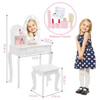 Coiffeuse pour enfants, ensemble de maquillage pour filles avec lumière et miroir, table de maquillage et tabouret pour enfants, coiffeuse en bois avec jeu pour 4-9 ans
