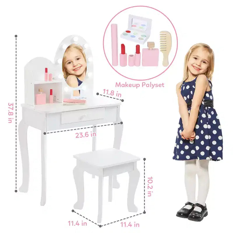 Coiffeuse pour enfants, ensemble de maquillage pour filles avec lumière et miroir, table de maquillage et tabouret pour enfants, coiffeuse en bois avec jeu pour 4-9 ans