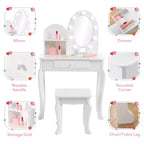Coiffeuse pour enfants, ensemble de maquillage pour filles avec lumière et miroir, table de maquillage et tabouret pour enfants, coiffeuse en bois avec jeu pour 4-9 ans