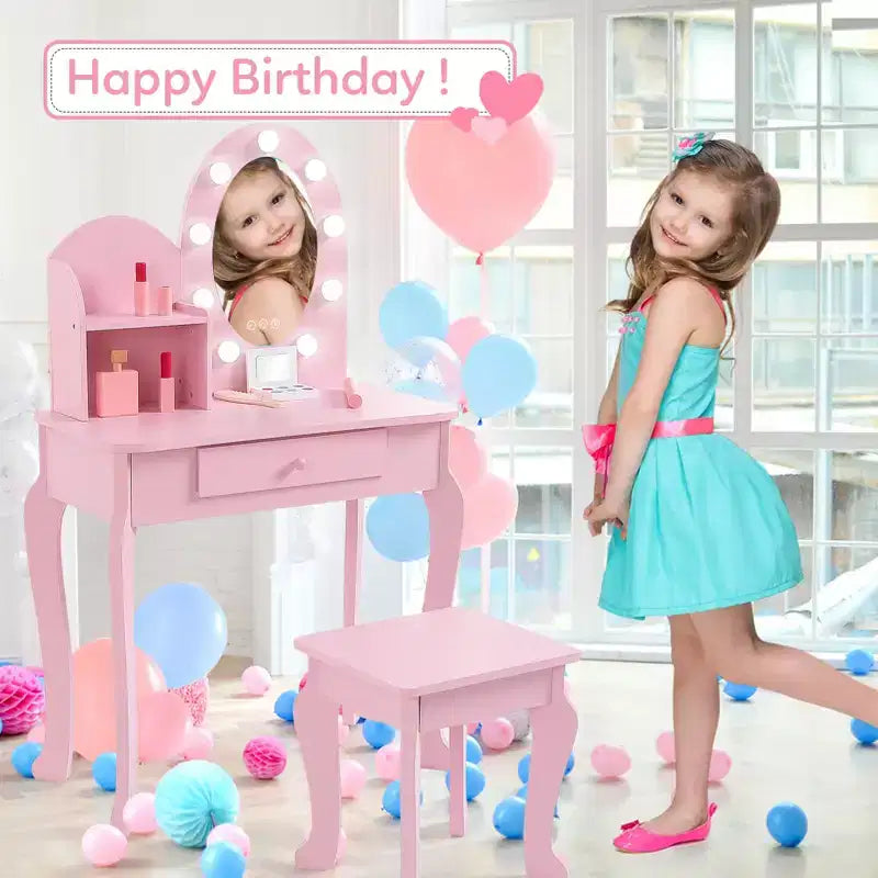 Coiffeuse pour enfants, ensemble de maquillage pour filles avec lumière et miroir, table de maquillage et tabouret pour enfants, coiffeuse en bois avec jeu pour 4-9 ans
