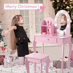 Coiffeuse pour enfants, ensemble de maquillage pour filles avec lumière et miroir, table de maquillage et tabouret pour enfants, coiffeuse en bois avec jeu pour 4-9 ans