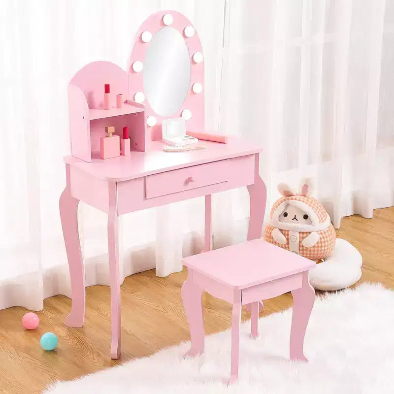 Coiffeuse pour enfants, ensemble de maquillage pour filles avec lumière et miroir, table de maquillage et tabouret pour enfants, coiffeuse en bois avec jeu pour 4-9 ans