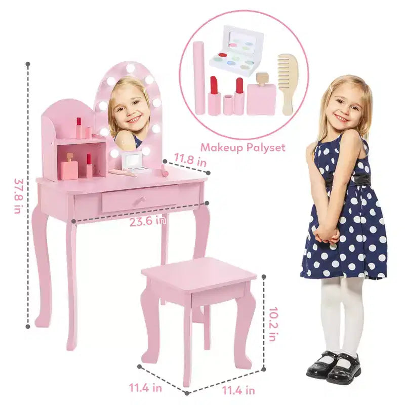 Coiffeuse pour enfants, ensemble de maquillage pour filles avec lumière et miroir, table de maquillage et tabouret pour enfants, coiffeuse en bois avec jeu pour 4-9 ans