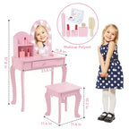 Coiffeuse pour enfants, ensemble de maquillage pour filles avec lumière et miroir, table de maquillage et tabouret pour enfants, coiffeuse en bois avec jeu pour 4-9 ans