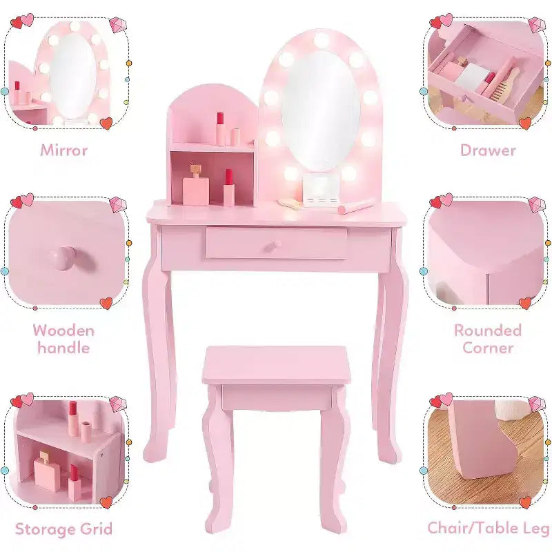 Coiffeuse pour enfants, ensemble de maquillage pour filles avec lumière et miroir, table de maquillage et tabouret pour enfants, coiffeuse en bois avec jeu pour 4-9 ans