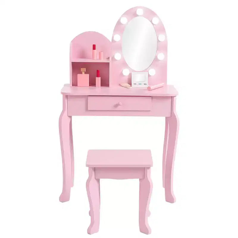Coiffeuse pour enfants, ensemble de maquillage pour filles avec lumière et miroir, table de maquillage et tabouret pour enfants, coiffeuse en bois avec jeu pour 4-9 ans