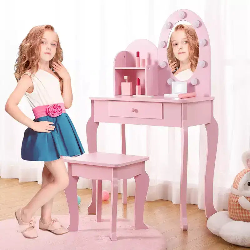 Kids Makeup Vanity Desk, Girls' Vanity Set with Light and Mirror, Makeup Table and Stool for Kids, Wood Dressing Table with Playset for 4-9