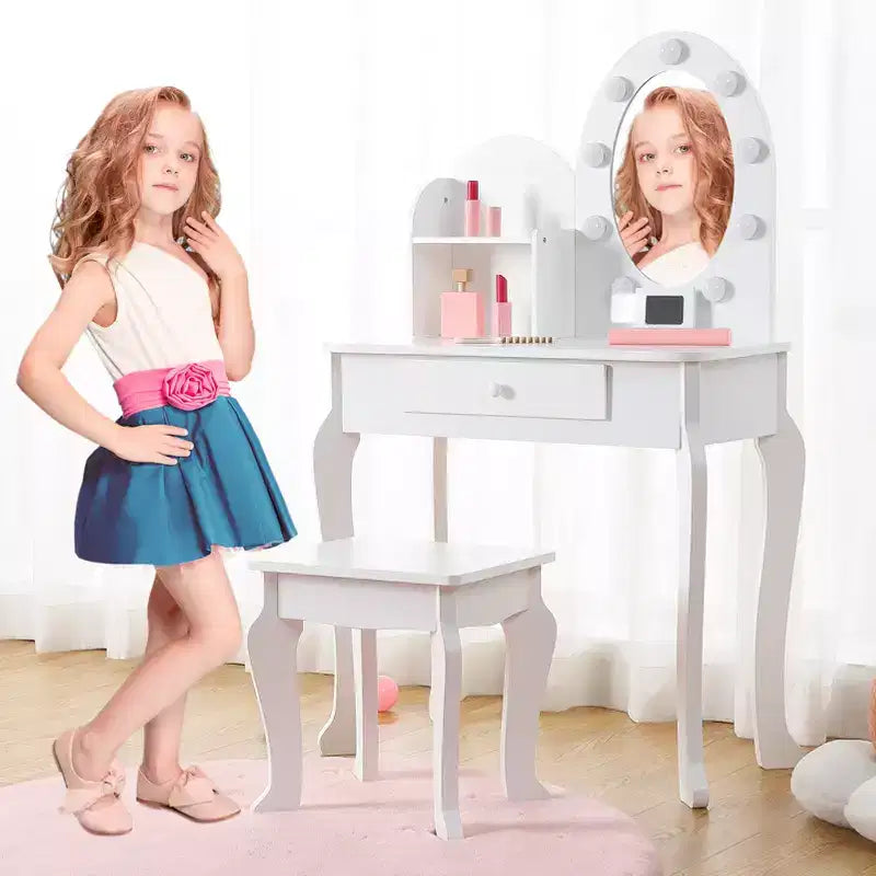 Coiffeuse pour enfants, ensemble de maquillage pour filles avec lumière et miroir, table de maquillage et tabouret pour enfants, coiffeuse en bois avec jeu pour 4-9 ans