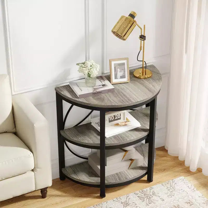 Table d'appoint demi-ronde MAYEERTY Plateau marron rustique Pieds en métal noir Étagères ouvertes à 3 niveaux