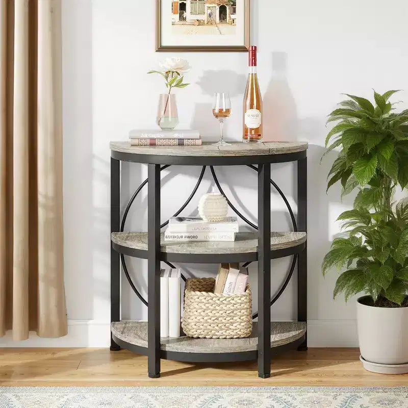 Table d'appoint demi-ronde MAYEERTY Plateau marron rustique Pieds en métal noir Étagères ouvertes à 3 niveaux