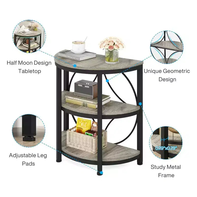 Table d'appoint demi-ronde MAYEERTY Plateau marron rustique Pieds en métal noir Étagères ouvertes à 3 niveaux