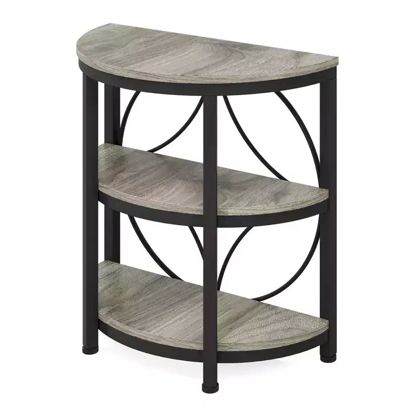 Table d'appoint demi-ronde MAYEERTY Plateau marron rustique Pieds en métal noir Étagères ouvertes à 3 niveaux