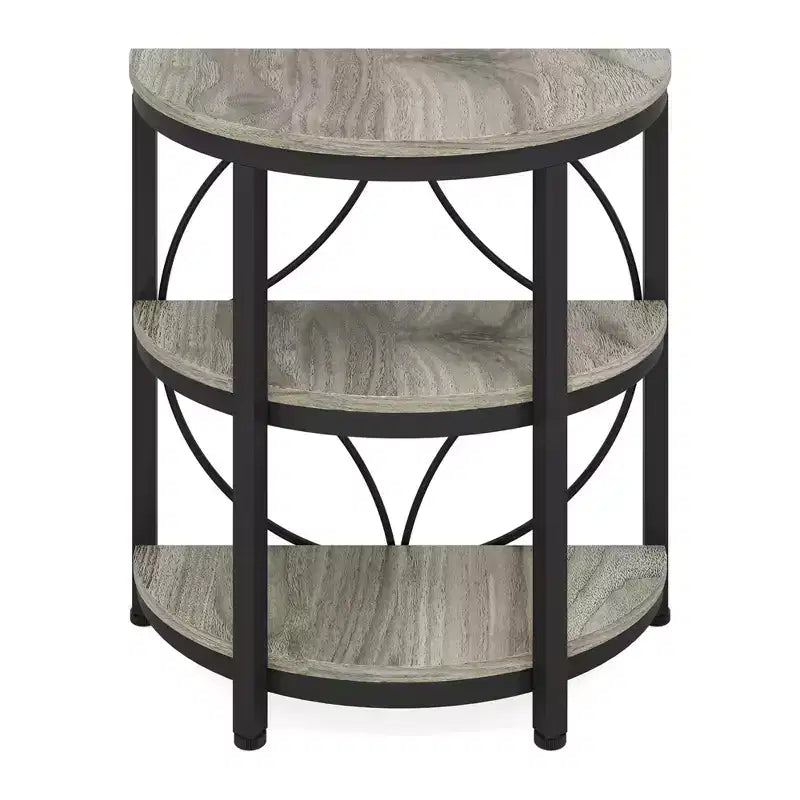 Table d'appoint demi-ronde MAYEERTY Plateau marron rustique Pieds en métal noir Étagères ouvertes à 3 niveaux