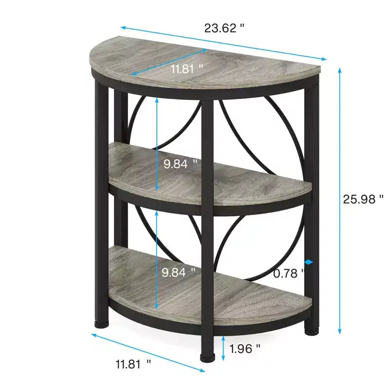 Table d'appoint demi-ronde MAYEERTY Plateau marron rustique Pieds en métal noir Étagères ouvertes à 3 niveaux