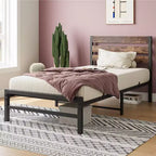 CLIHOME Cadre de lit plateforme marron rustique avec tête de lit en bois vintage rustique, support de matelas solide à lattes métalliques