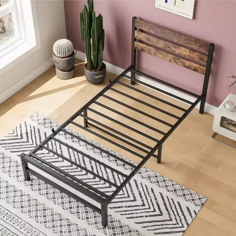 CLIHOME Cadre de lit plateforme marron rustique avec tête de lit en bois vintage rustique, support de matelas solide à lattes métalliques