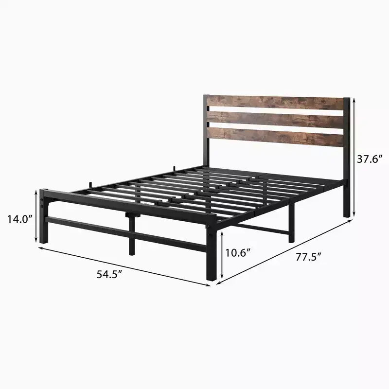 CLIHOME Cadre de lit plateforme marron rustique avec tête de lit en bois vintage rustique, support de matelas solide à lattes métalliques