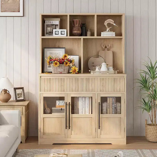 60 Kitchen Pantry Cabinet with Glass Doors, Food Storage Cabinet, Kitchen Organizer, Wave Design, for Living Room, Dining Room