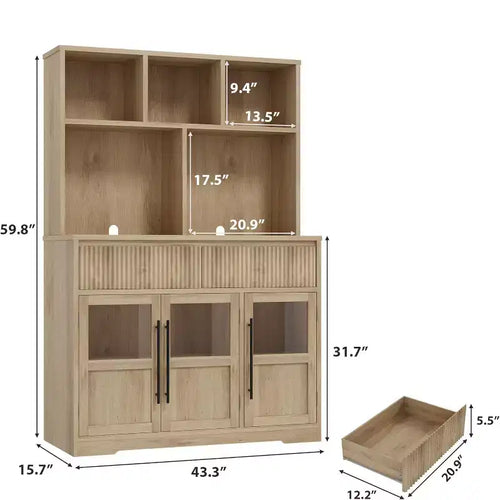 Meuble de rangement de cuisine de 60 cm avec portes vitrées, armoire de rangement pour aliments, organisateur de cuisine, design ondulé, pour salon, salle à manger