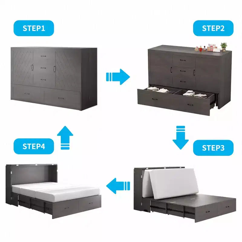 Lit escamotable Queen Mjkone avec station de recharge, lit pliable de style armoire peu encombrant avec matelas