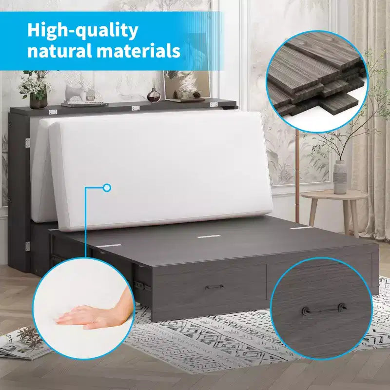 Lit escamotable Queen Mjkone avec station de recharge, lit pliable de style armoire peu encombrant avec matelas