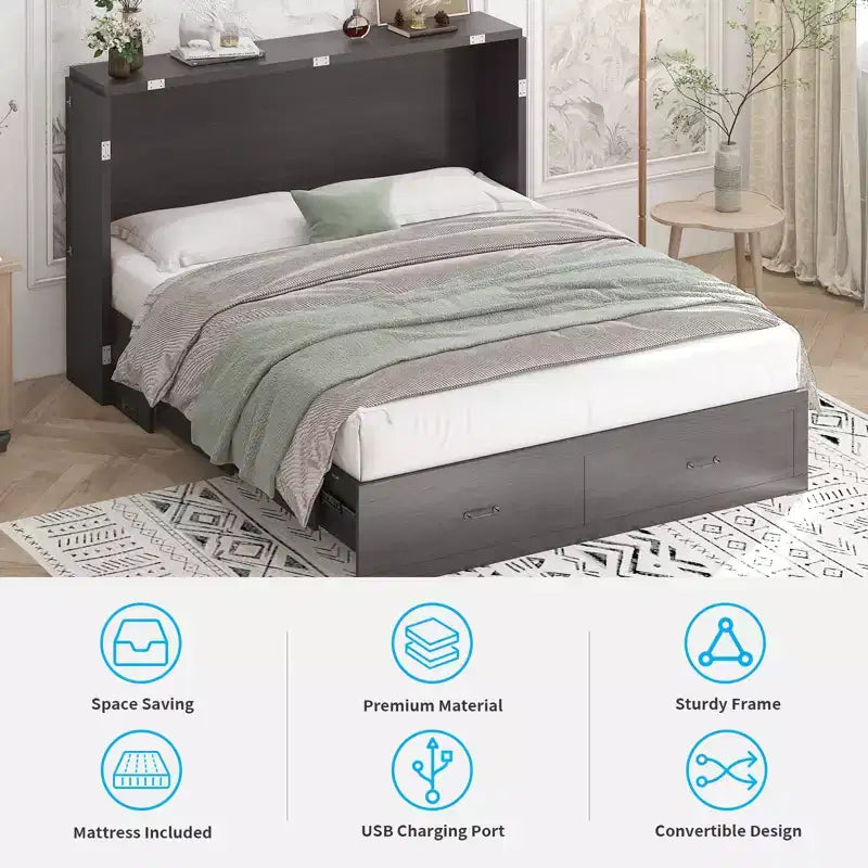 Lit escamotable Queen Mjkone avec station de recharge, lit pliable de style armoire peu encombrant avec matelas