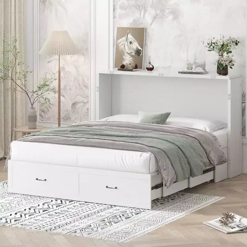 Lit escamotable Queen Mjkone avec station de recharge, lit pliable de style armoire peu encombrant avec matelas