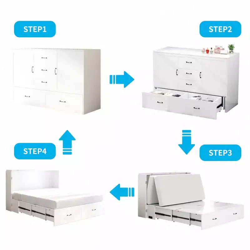 Lit escamotable Queen Mjkone avec station de recharge, lit pliable de style armoire peu encombrant avec matelas