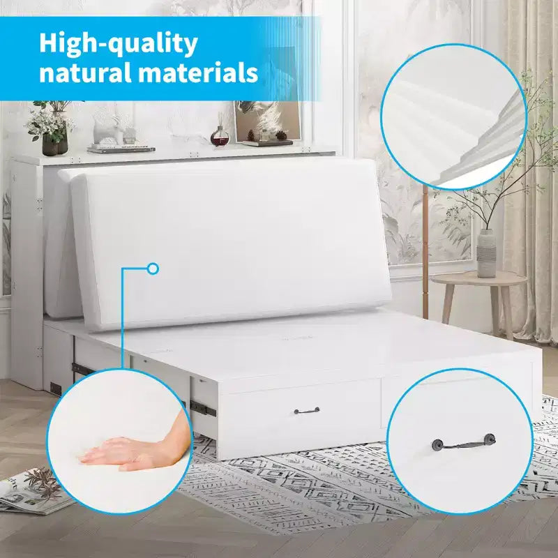 Lit escamotable Queen Mjkone avec station de recharge, lit pliable de style armoire peu encombrant avec matelas