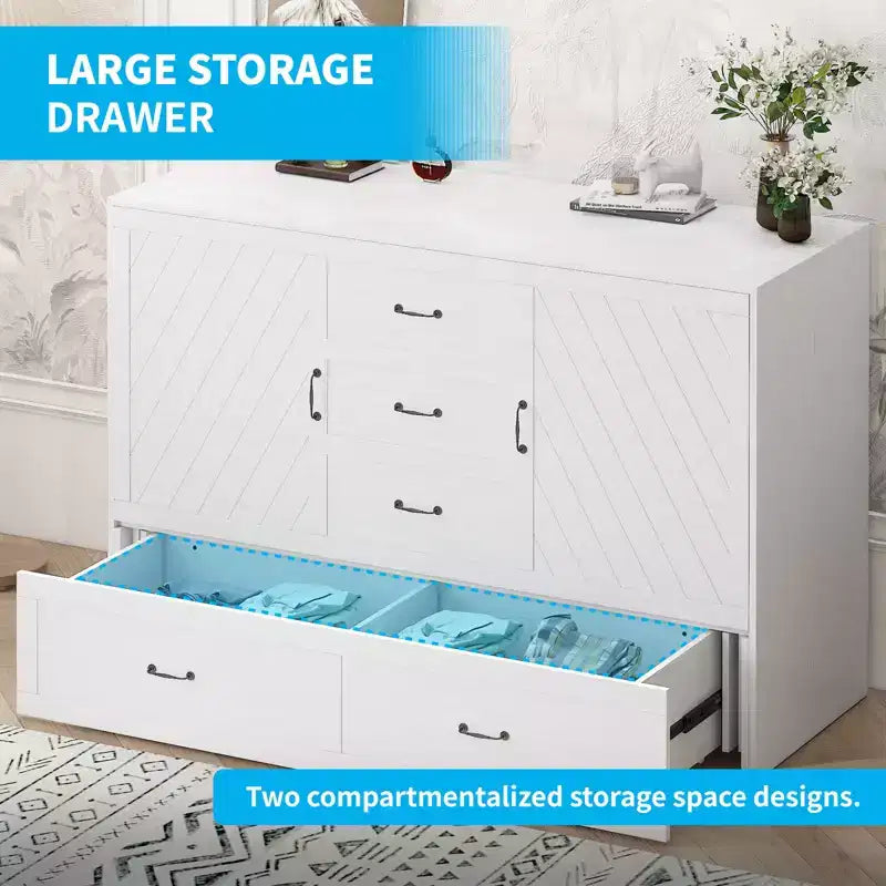 Lit escamotable Queen Mjkone avec station de recharge, lit pliable de style armoire peu encombrant avec matelas