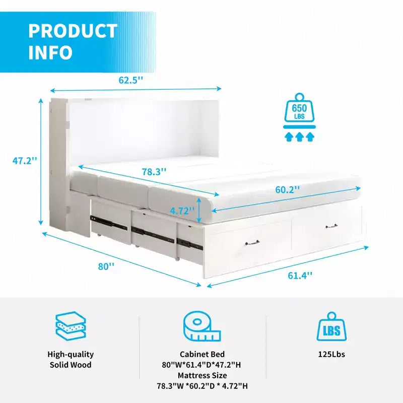 Lit escamotable Queen Mjkone avec station de recharge, lit pliable de style armoire peu encombrant avec matelas