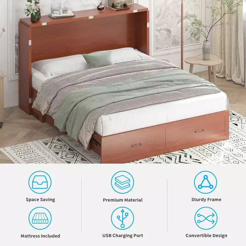 Lit escamotable Queen Mjkone avec station de recharge, lit pliable de style armoire peu encombrant avec matelas