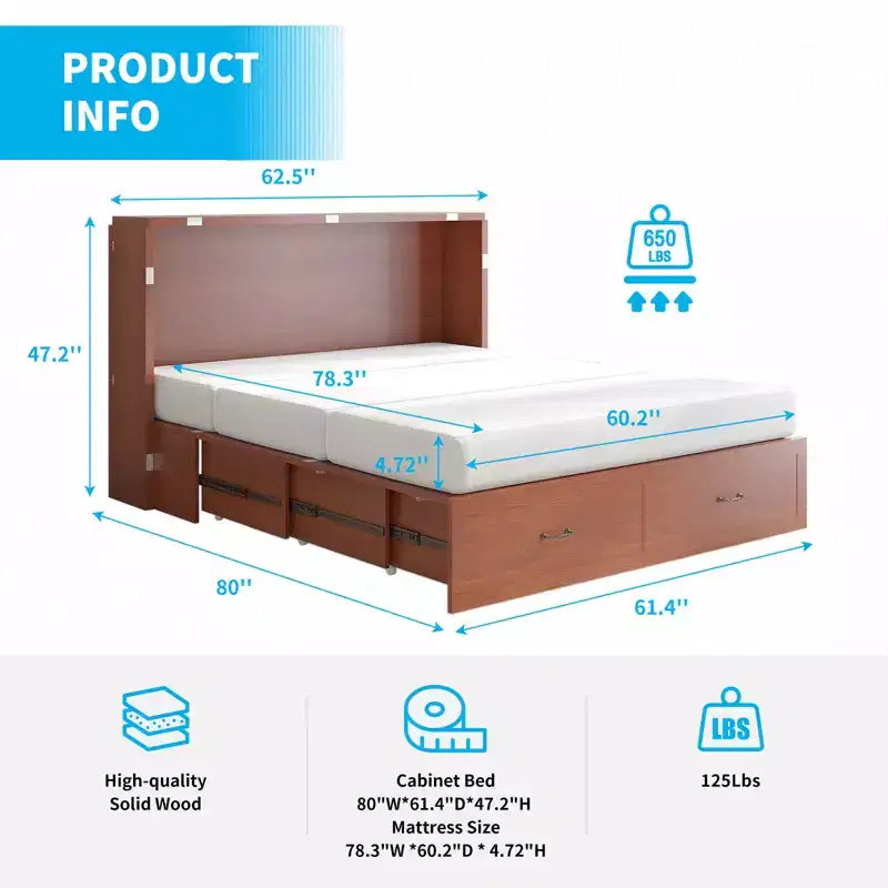 Lit escamotable Queen Mjkone avec station de recharge, lit pliable de style armoire peu encombrant avec matelas
