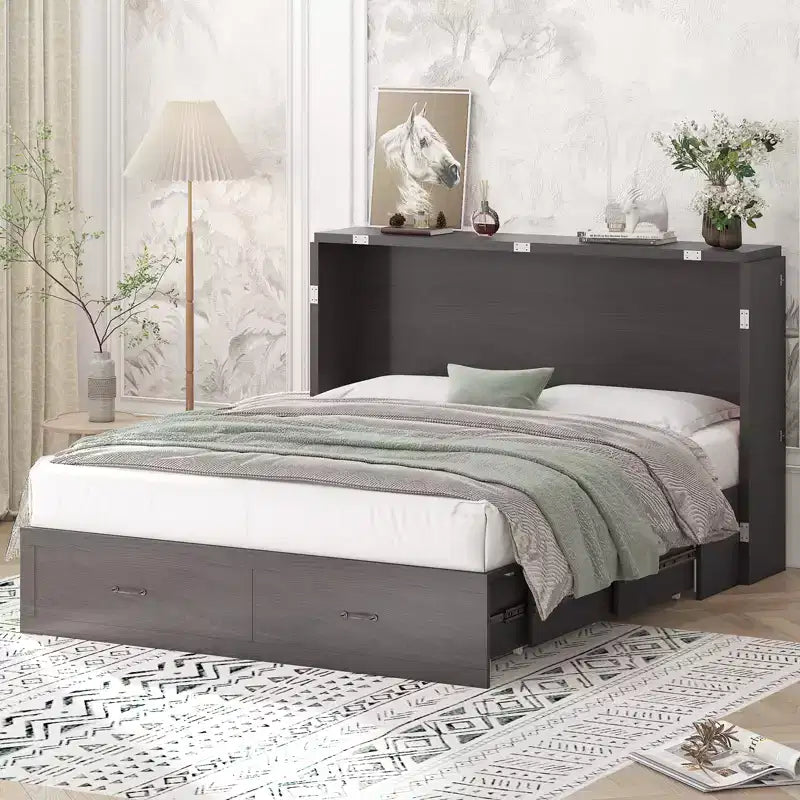 Lit escamotable Queen Mjkone avec station de recharge, lit pliable de style armoire peu encombrant avec matelas