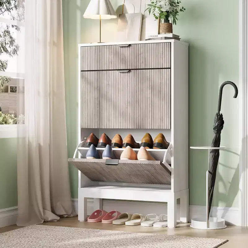 Meuble de Rangement à Chaussures avec 2 Tiroirs Basculants, Organisateur de Chaussures, Étagère à Chaussures Autoportante Étroite et Discrète