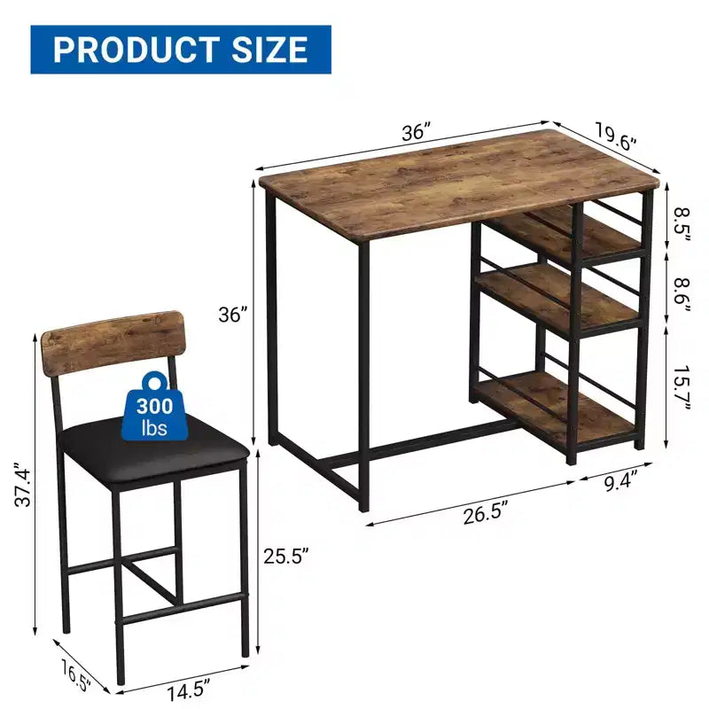 Ensemble table à manger et 2 tabourets de bar, Table de cuisine hauteur comptoir avec 2 tabourets de bar rembourrés, Ensemble table et chaises de salle à manger avec étagères de rangement
