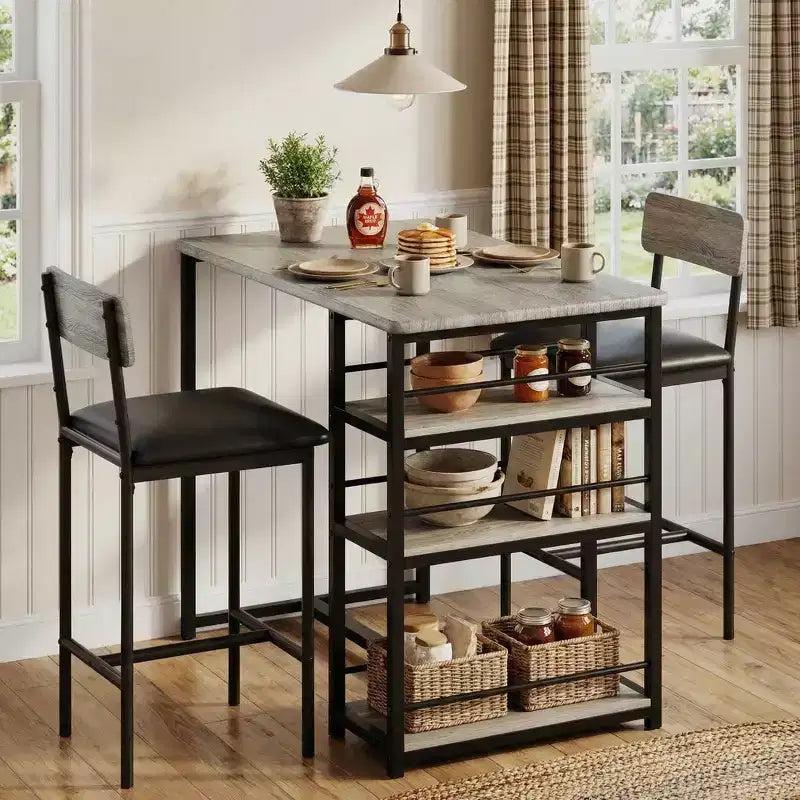 Ensemble table à manger et 2 tabourets de bar, Table de cuisine hauteur comptoir avec 2 tabourets de bar rembourrés, Ensemble table et chaises de salle à manger avec étagères de rangement
