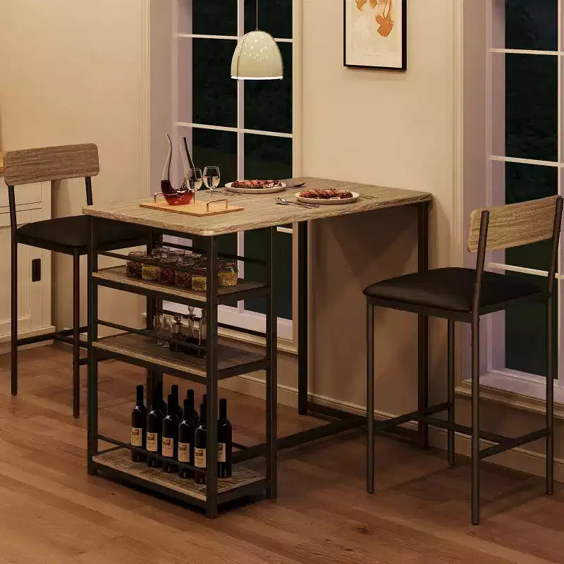 Ensemble table à manger et 2 tabourets de bar, Table de cuisine hauteur comptoir avec 2 tabourets de bar rembourrés, Ensemble table et chaises de salle à manger avec étagères de rangement