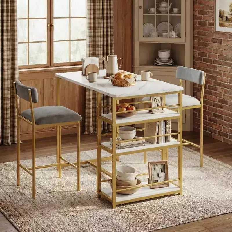 Ensemble table à manger et 2 tabourets de bar, Table de cuisine hauteur comptoir avec 2 tabourets de bar rembourrés, Ensemble table et chaises de salle à manger avec étagères de rangement