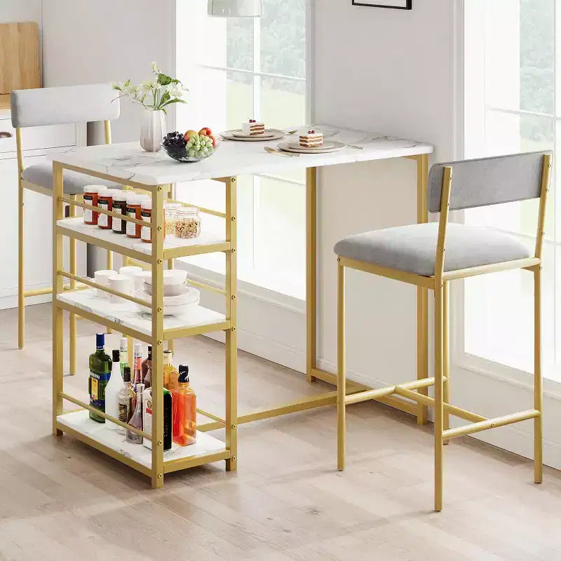 Ensemble table à manger et 2 tabourets de bar, Table de cuisine hauteur comptoir avec 2 tabourets de bar rembourrés, Ensemble table et chaises de salle à manger avec étagères de rangement