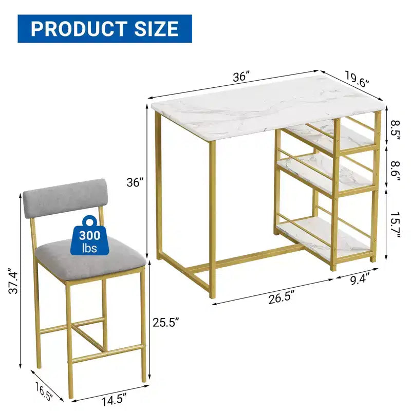 Ensemble table à manger et 2 tabourets de bar, Table de cuisine hauteur comptoir avec 2 tabourets de bar rembourrés, Ensemble table et chaises de salle à manger avec étagères de rangement