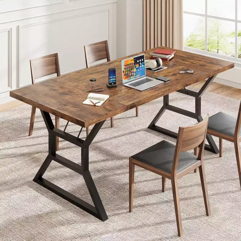 Table à manger de 180 cm pour 6 à 8 personnes, table de cuisine rectangulaire de style rustique, pieds en métal géométriques, style ferme moderne, pour la cuisine