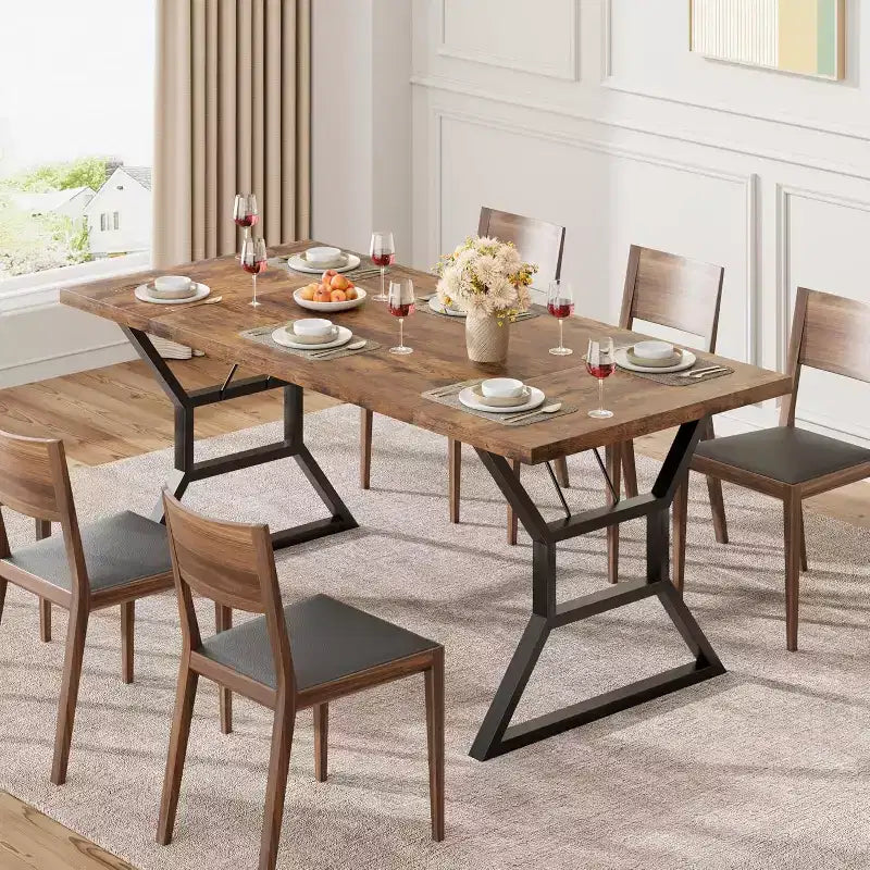Table à manger de 180 cm pour 6 à 8 personnes, table de cuisine rectangulaire de style rustique, pieds en métal géométriques, style ferme moderne, pour la cuisine