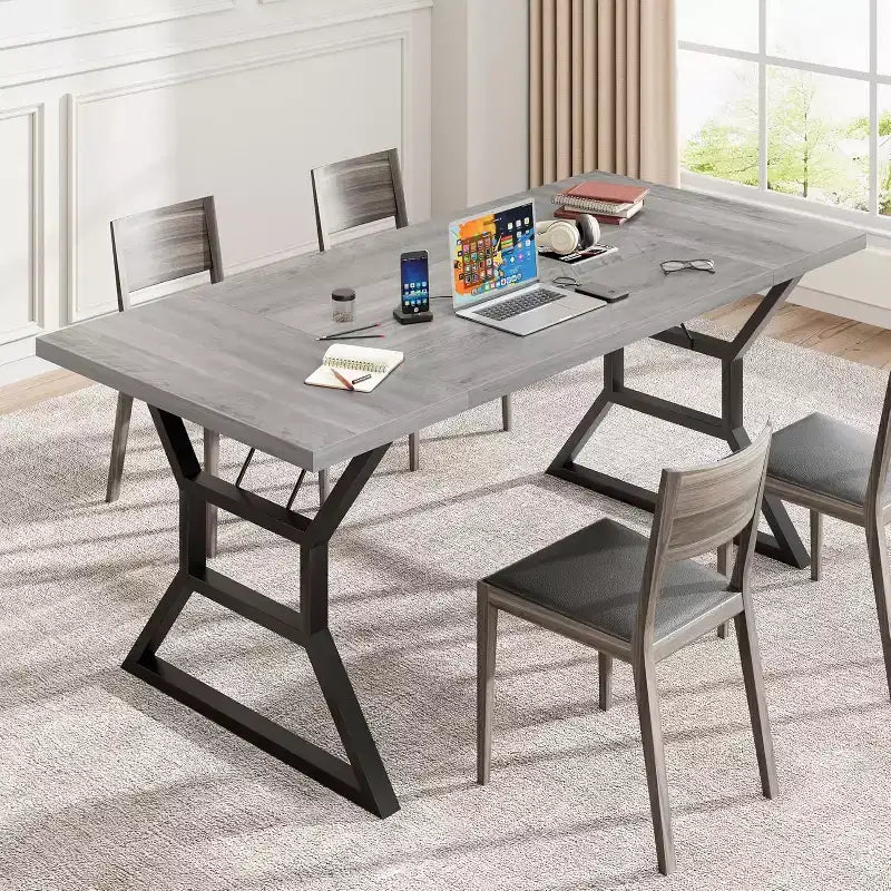 Table à manger de 180 cm pour 6 à 8 personnes, table de cuisine rectangulaire de style rustique, pieds en métal géométriques, style ferme moderne, pour la cuisine