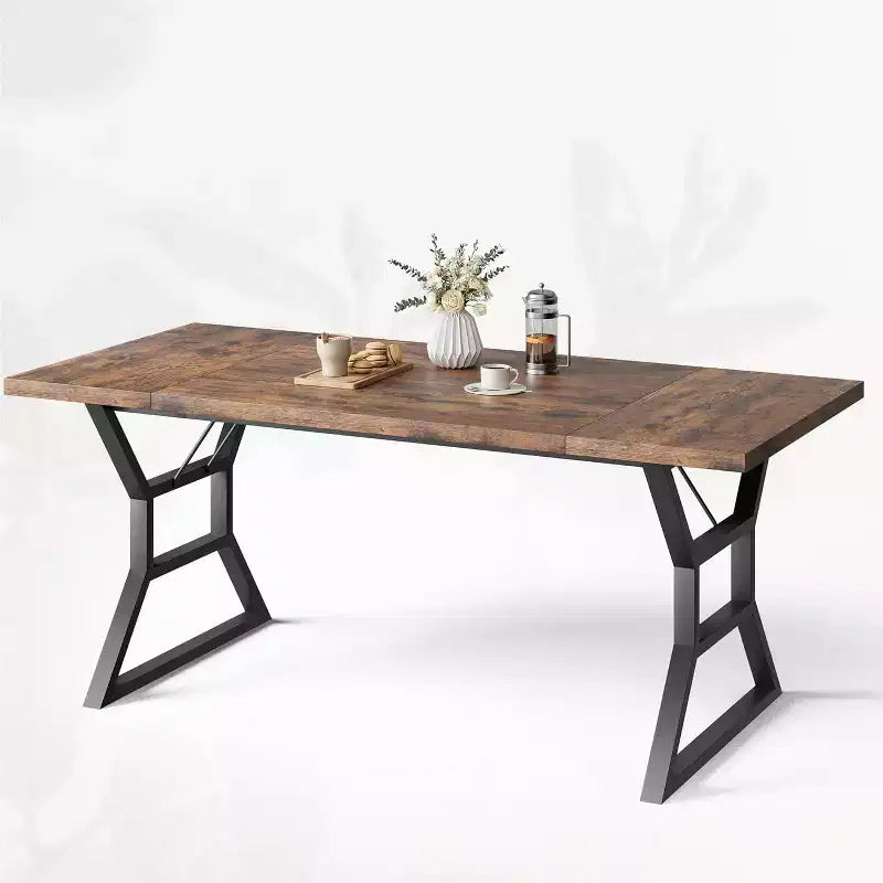 Table à manger de 180 cm pour 6 à 8 personnes, table de cuisine rectangulaire de style rustique, pieds en métal géométriques, style ferme moderne, pour la cuisine