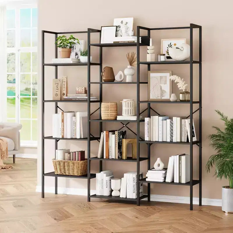 Bibliothèque à 5 niveaux et 3 colonnes, 14 étagères réglables, 45 kg/étagère, cadre en acier et panneaux de particules (Noir/Marron)
