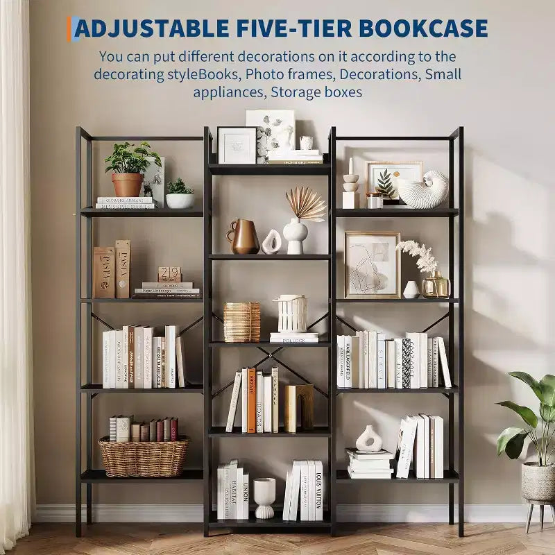 Bibliothèque à 5 niveaux et 3 colonnes, 14 étagères réglables, 45 kg/étagère, cadre en acier et panneaux de particules (Noir/Marron)