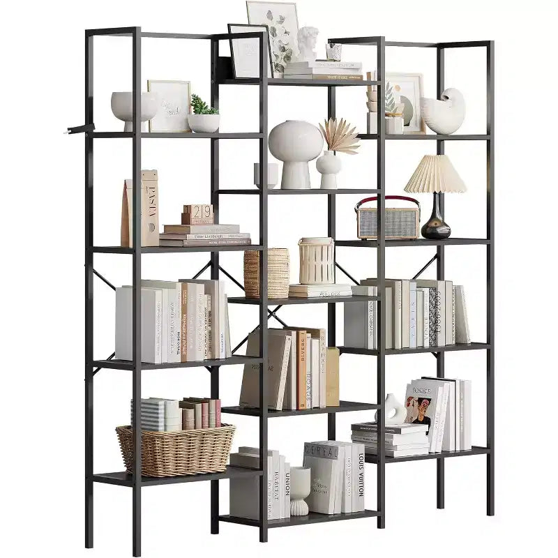 Bibliothèque à 5 niveaux et 3 colonnes, 14 étagères réglables, 45 kg/étagère, cadre en acier et panneaux de particules (Noir/Marron)